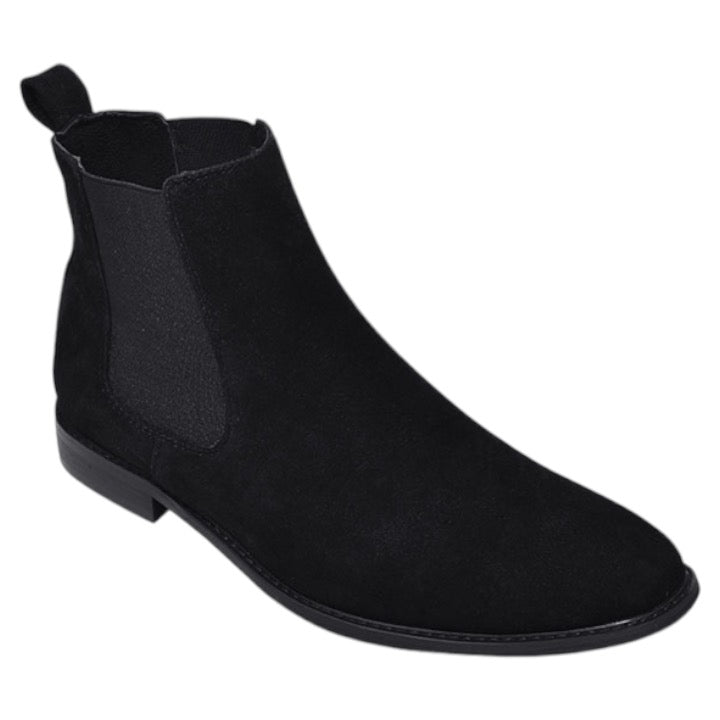 Black suede men's slip on boot side elastic