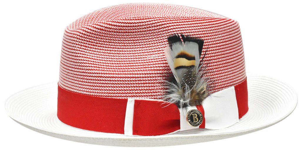 Men's Red and White Georgio Collection 2-Tone Straw Fedora Hat by Bruno Capelo