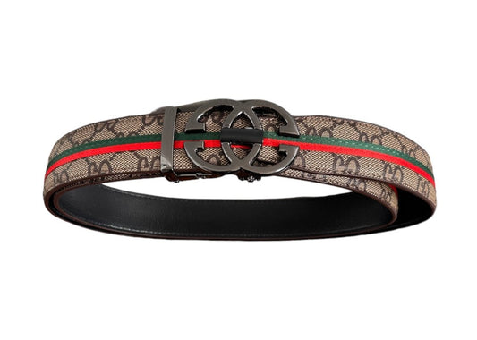 Men's Brown Printed Luxury Belt Genuine Leather Buckle Green and Red Stripe