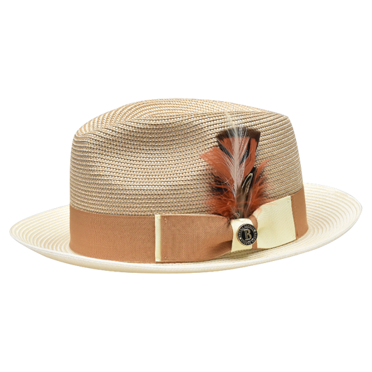 Men's Ivory and Cognac Georgio Collection 2-Tone Straw Fedora Hat by Bruno Capelo