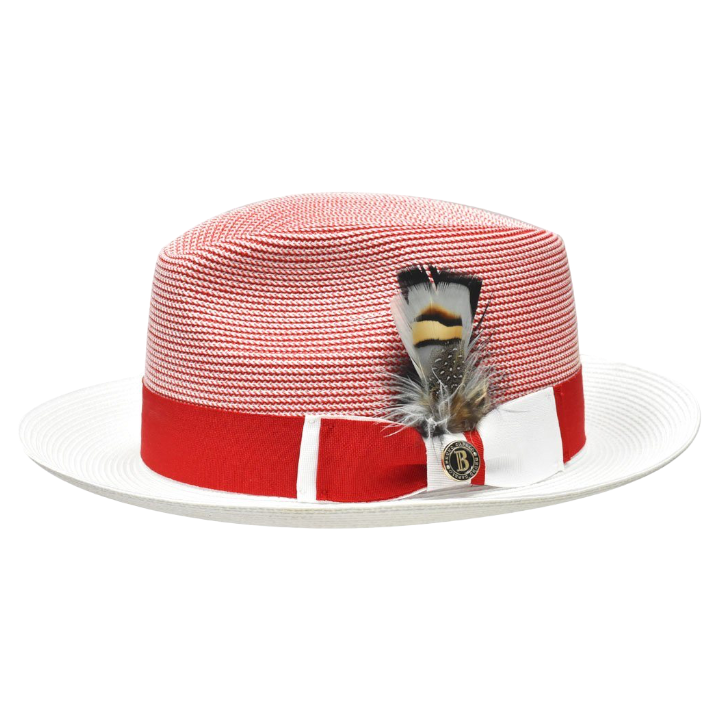 Men's Red and White Georgio Collection 2-Tone Straw Fedora Hat by Bruno Capelo