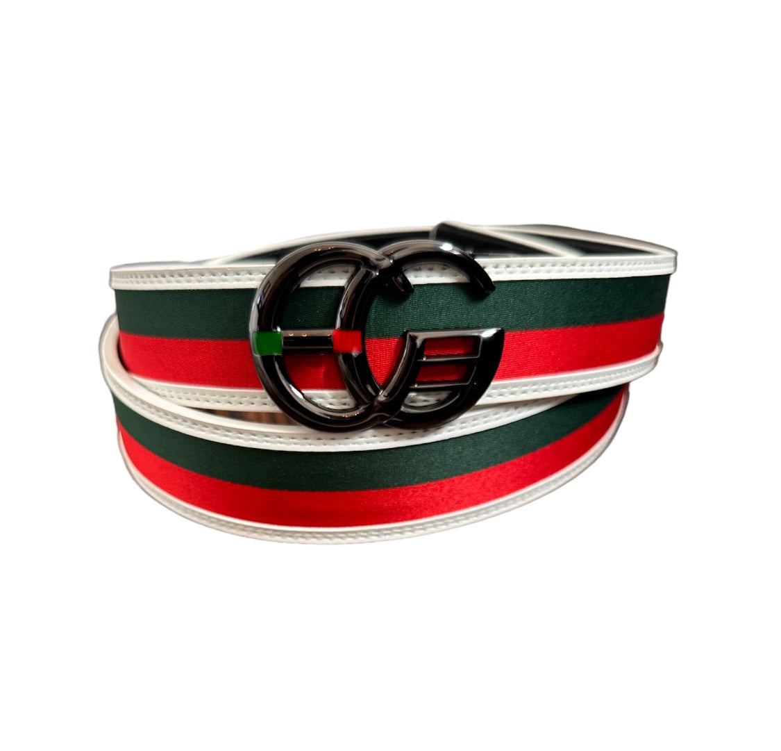 Men's White Luxury Design Belt Genuine Leather Green and Red Stripe