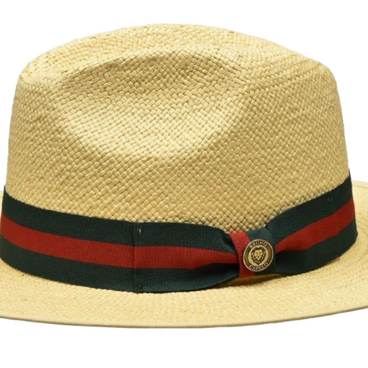 Natural Men's Straw Fedora Hat Flat Wide Brim Red and Green Band Ventino Collection