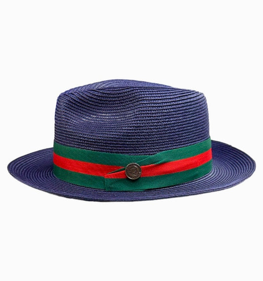 Navy Blue Bruno Capelo Luxury Men's Summer Hat Green and Red Brim