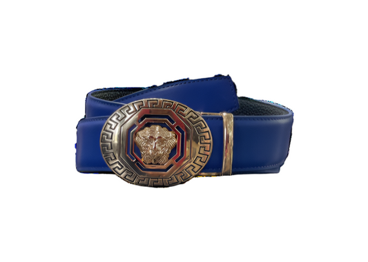 Royal Blue Men's Leathers Belt Gold Buckle Lion Head Greek Key