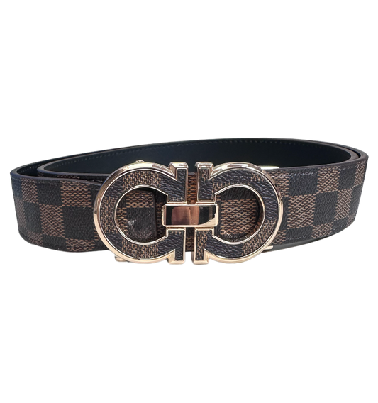 Men's Brown Plaid Printed Belt Luxury Design Genuine Leather Gold Buckle