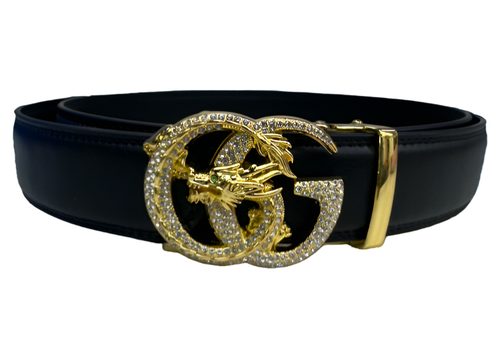 Luxury Fashion Design Men's Black Belt Diamonds Gold Buckle