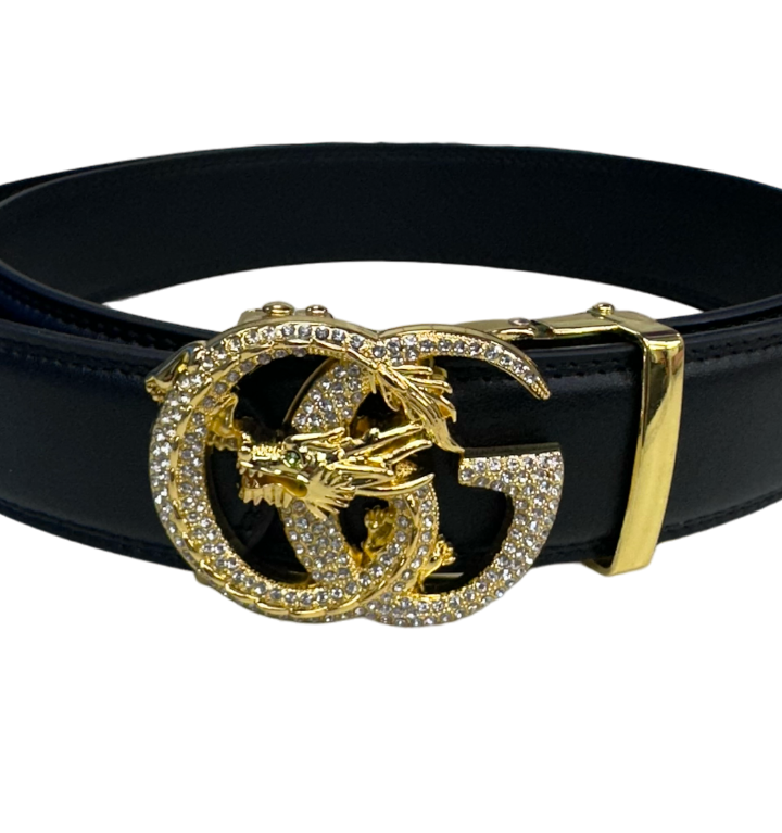 Luxury Fashion Design Men's Black Belt Diamonds Gold Buckle