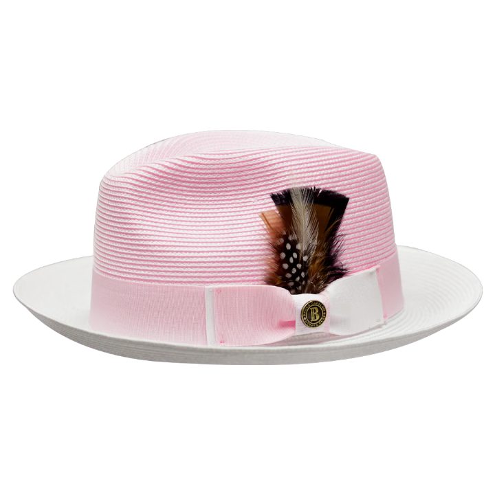 Pink and White Georgio Collection 2-Tone Straw Fedora Hat by Bruno Capelo