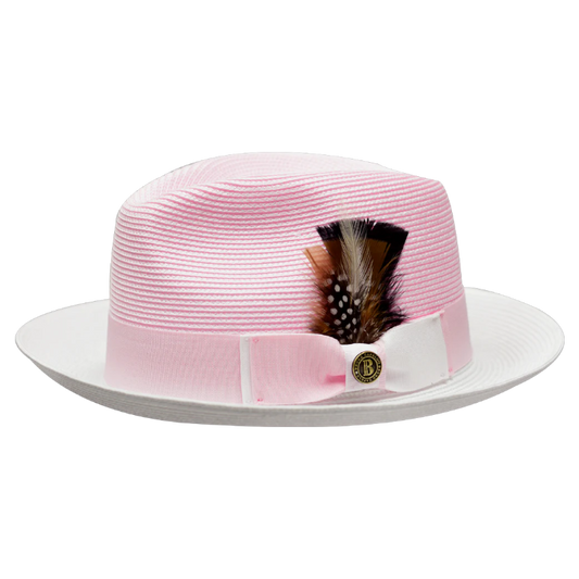 Pink and White Georgio Collection 2-Tone Straw Fedora Hat by Bruno Capelo