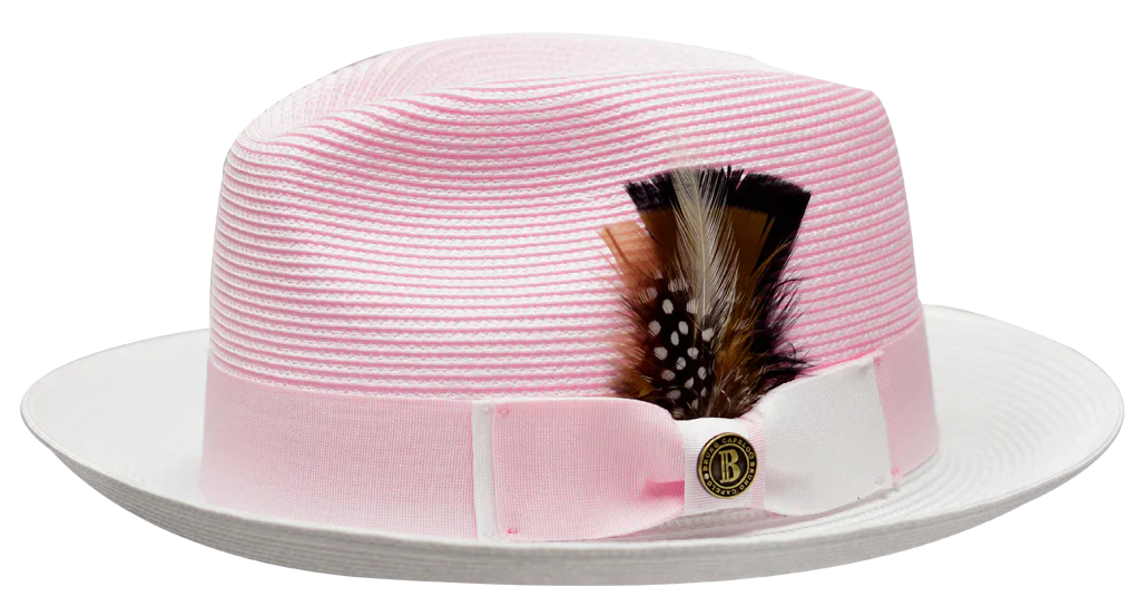 Pink and White Georgio Collection 2-Tone Straw Fedora Hat by Bruno Capelo