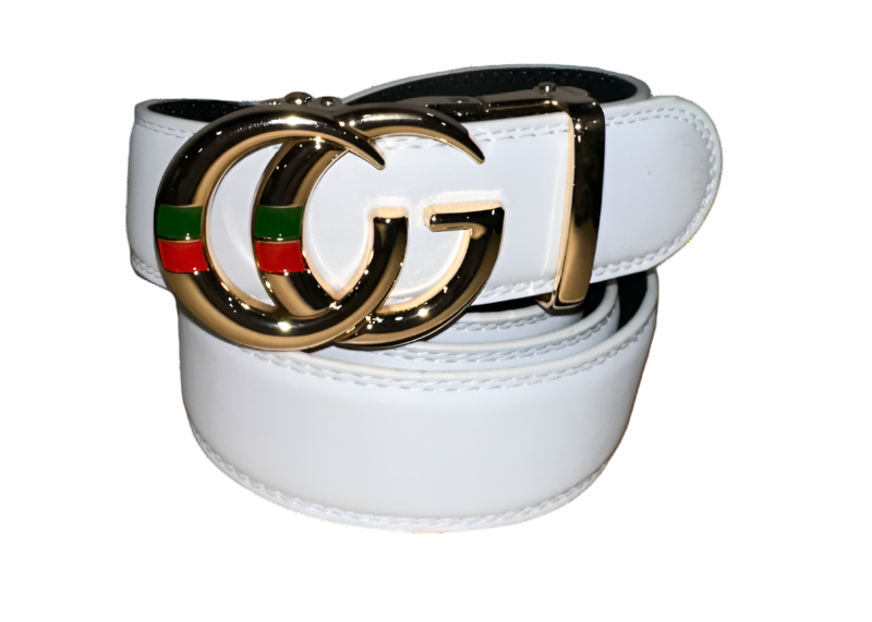 White Men's Leather Belt CG Gold Buckle Belt Luxury Style Red and Green Strip