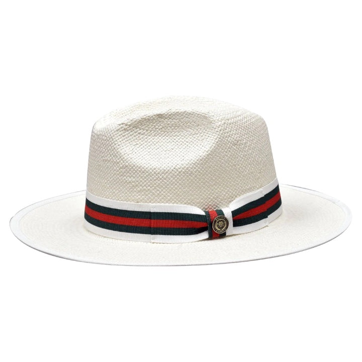 White Men's Straw Fedora Hat Flat Wide Brim Red and Green Band Ventino Collection